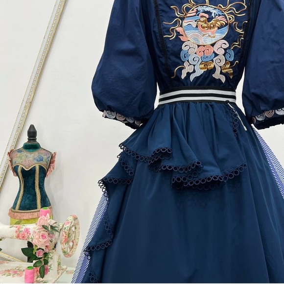 Elegant Navy Blue Embroidered 2 piece ( shirt & skirt) - Picture 4 of 9